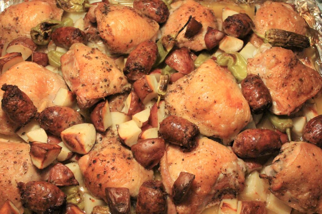 chicken, sausages potatoes and pepperoncini