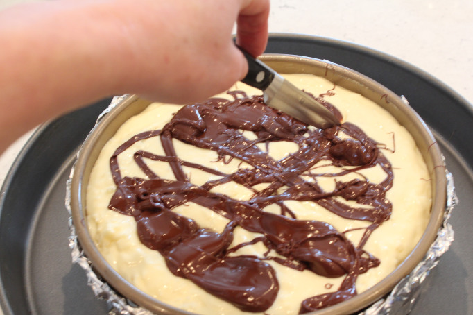 chocolate swirl in the coconut cheesecake batter