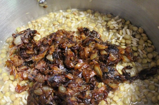 lentil rice and onions in the soup pot