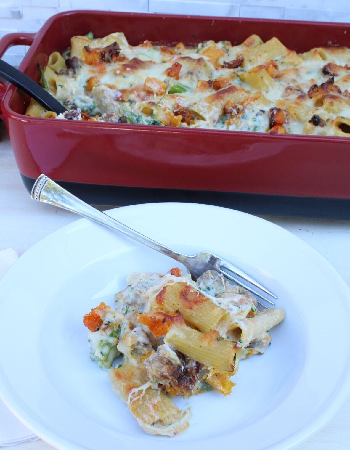 Baked Rigatoni with Roasted Butternut Squash, Sausage and Rapini