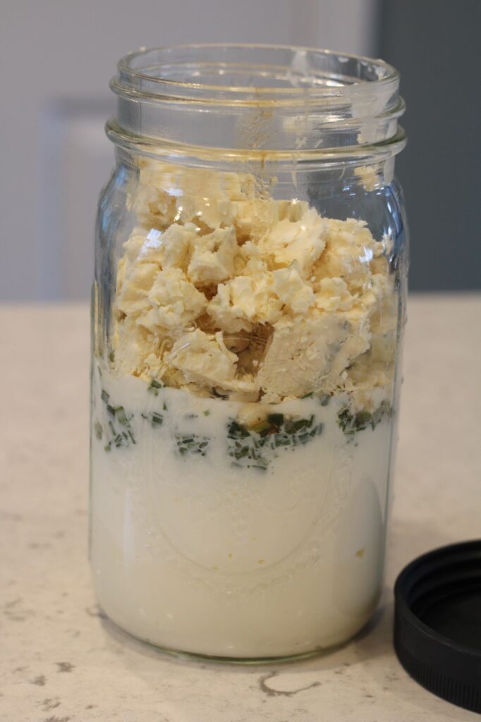 mason jar with blue cheese dressing ingredients
