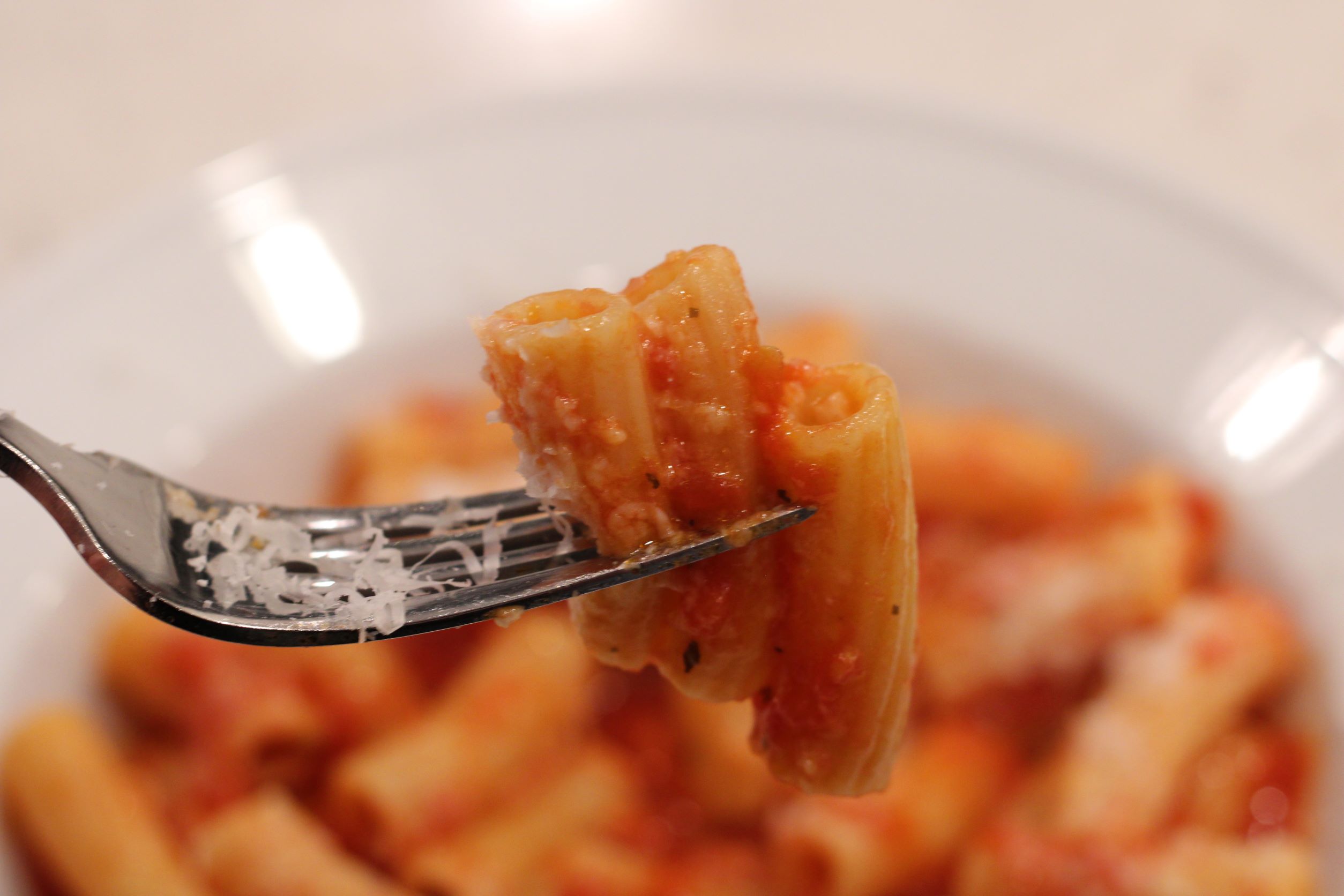 close up of rigatoni with basic tomato sauce